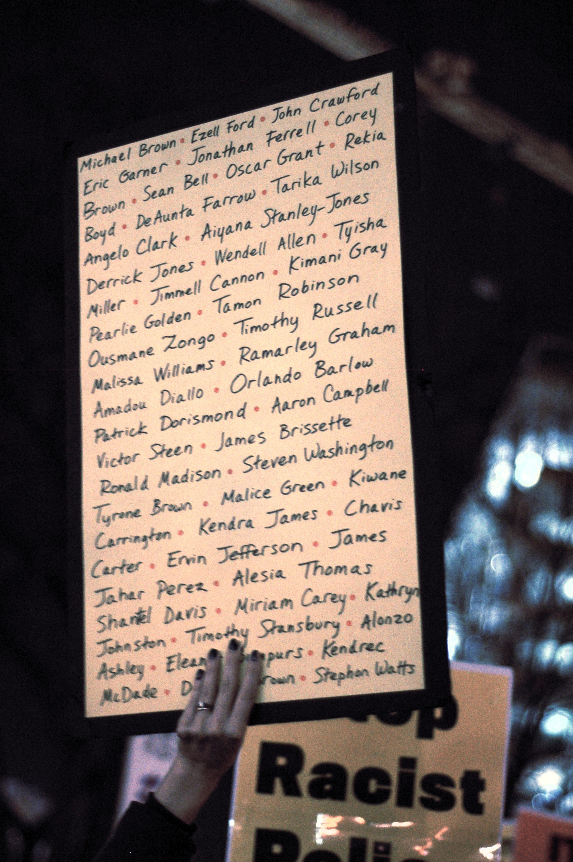 Protest sign: list of names